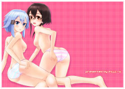 Rule 34 | 10s, 2girls, absurdres, all fours, asada shino, ass, bad id, bad pixiv id, black hair, blue eyes, blue hair, bow, bow panties, brown eyes, butt crack, dual persona, glasses, highres, lying, multiple girls, on side, panties, panties only, pink panties, short hair, sinon, striped clothes, striped panties, sword art online, telaform, topless, underwear, underwear only