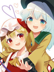 Rule 34 | 2girls, :d, aqua eyes, aqua hair, bad id, bad pixiv id, blonde hair, crystal, flandre scarlet, hat, heart, heart of string, highres, kamachi (kamati0maru), komeiji koishi, long hair, looking at viewer, md5 mismatch, mob cap, multiple girls, open mouth, pointy ears, red eyes, resolution mismatch, siblings, simple background, sisters, smile, source smaller, third eye, touhou, upper body, white background, wings