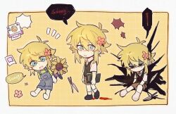 Rule 34 | 1boy, basil (faraway) (omori), basil (omori), black footwear, blonde hair, blood, blue eyes, blue overalls, brown shorts, camera, chibi, collared shirt, flower, gongs0313, green shirt, green sweater vest, hair flower, hair ornament, highres, omori, open mouth, overalls, parted lips, photo (object), plant, potted plant, scrapbook, shirt, short sleeves, shorts, solo, something (omori), speech bubble, spoilers, suicide, sunflower, sweater vest