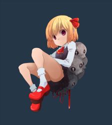 Rule 34 | 1girl, blonde hair, blood, candle, embodiment of scarlet devil, female focus, floating, full body, hovering, mary janes, red eyes, ribbon, rumia, shoes, short hair, simple background, skull, solo, touhou, uni mate