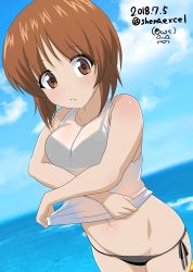 Rule 34 | 10s, 1girl, absurdres, bikini, black bikini, blue sky, blurry, blurry background, breasts, brown eyes, brown hair, closed mouth, clothes lift, cloud, cloudy sky, commentary request, cowboy shot, dated, day, depth of field, dutch angle, girls und panzer, highres, lifting own clothes, light frown, looking at viewer, lowleg, lowleg bikini, medium breasts, nishizumi miho, no pants, ocean, one-hour drawing challenge, partial commentary, shiina excel, shirt, shirt lift, short hair, side-tie bikini bottom, sky, solo, swimsuit, twitter username, undressing, watermark, white shirt