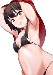 Rule 34 | 1girl, armpits, arms up, black bra, black panties, blush, bra, breasts, brown hair, closed mouth, clothes lift, covered erect nipples, dress, dress lift, embarrassed, from below, groin, hair between eyes, heart, heart-shaped pupils, kono subarashii sekai ni shukufuku wo!, lifting own clothes, looking at viewer, medium hair, megumin, midriff, navel, panties, red dress, red eyes, sidelocks, sikijou77o, simple background, small breasts, solo, symbol-shaped pupils, underwear, undressing, white background