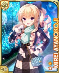Rule 34 | 1girl, ayanokoji mirei, black bow, black coat, blonde hair, blue scarf, bow, card, character name, coat, curly hair, drill hair, girlfriend (kari), gloves, hair ornament, long hair, night, official art, open mouth, ouju, outdoors, pink sweater, plaid, plaid coat, purple eyes, qp:flapper, ringlets, scarf, smile, solo, standing, sweater, tagme, very long hair, white gloves, winter clothes, winter coat