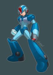 Rule 34 | 1boy, android, arm cannon, clenched hand, full body, gloves, green eyes, grey background, helmet, hi-go!, male focus, mega man (series), mega man x8, x (mega man), mega man x (series), official style, serious, signature, simple background, solo, standing, weapon, white gloves