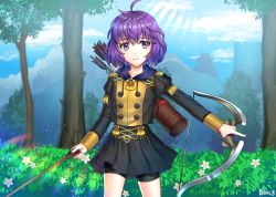 Rule 34 | 1girl, ahoge, arrow (projectile), bernadetta von varley, blush, bow (weapon), ascot, fire emblem, fire emblem: three houses, gloves, grey eyes, hood, long sleeves, looking at viewer, nintendo, open mouth, purple hair, shadow, shirakawaillust, short hair, simple background, smile, solo, uniform, upper body, wavy mouth, weapon