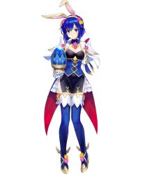 Rule 34 | 1girl, amagai tarou, animal ears, blue eyes, blue hair, blue thighhighs, breasts, capelet, catria (fire emblem), cleavage, dress, easter egg, egg, fake animal ears, female focus, fire emblem, fire emblem: mystery of the emblem, fire emblem heroes, flower, full body, gloves, hair flower, hair ornament, headband, high heels, highres, holding, looking at viewer, matching hair/eyes, medium breasts, nintendo, official alternate costume, official art, pelvic curtain, rabbit ears, short dress, short hair, solo, thighhighs, transparent background, white gloves