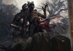Rule 34 | 3boys, armor, belt, belt buckle, bleeding, blood, bloody weapon, branch, buckle, chain, dark souls (series), dark souls i, dark souls iii, death, firelink shrine, full armor, gauntlets, helmet, highres, holding, holding sword, holding weapon, hood, hood up, impaled, liyou-ryon, multiple boys, outdoors, painterly, pauldrons, scratches, shoulder armor, stab, sword, tombstone, torn clothes, tree, vambraces, weapon