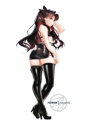 Rule 34 | 1girl, absurdres, alternate costume, artist name, ass, bare arms, black bow, black bra, black footwear, black skirt, blue eyes, boots, bow, bra, breasts, brown hair, earrings, fate/stay night, fate (series), floating hair, from side, full body, gradient hair, hair bow, hair intakes, high heel boots, high heels, highres, hoop earrings, jewelry, long hair, midriff, multicolored hair, parted lips, pencil skirt, red hair, shiny clothes, sideboob, skirt, small breasts, solo, standing, stomach, thigh boots, thighhighs, tohsaka rin, underwear, very long hair, zasshu, zettai ryouiki