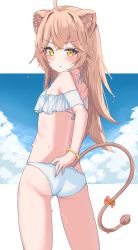 Rule 34 | 1girl, absurdres, adjusting clothes, ahoge, animal ears, ass, bikini, blue sky, blush, bow, bracelet, breasts, brown hair, closed mouth, cloud, cloudy sky, commentary request, crossed bangs, eyelashes, feet out of frame, frilled bikini, frills, from behind, highres, indie virtual youtuber, jewelry, lion ears, lion girl, lion tail, long hair, looking back, rurudo lion, sidelocks, sky, small breasts, standing, swimsuit, tail, tail bow, tail ornament, thighs, virtual youtuber, white bikini, yellow eyes, youyoukai