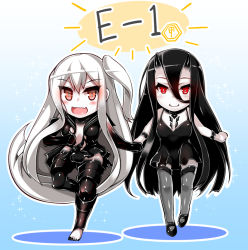 Rule 34 | 10s, 2girls, :d, abyssal ship, aircraft carrier princess, battleship princess, black dress, black hair, breasts, chibi, cleavage, colored skin, commentary request, dress, fishnet legwear, fishnets, fuuki (nicoseiga), fuuki (te fuukin), holding hands, horns, kantai collection, long hair, looking at viewer, mary janes, medium breasts, multiple girls, one side up, open mouth, red eyes, shoes, smile, spaghetti strap, thighhighs, torn clothes, translation request, white hair, white skin, zettai ryouiki