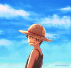 Rule 34 | 1boy, aged down, artist name, bare shoulders, black hair, child, clenched teeth, cloud, cloudy sky, commentary request, facial scar, hat, male focus, monkey d. luffy, one piece, outdoors, scar, scar on cheek, scar on face, short hair, sky, smile, solo, straw hat, teeth, tsuyomaru, twitter username