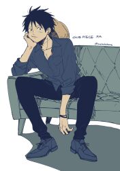 Rule 34 | 1boy, absurdres, black eyes, black hair, black pants, blue footwear, blue shirt, bracelet, bright pupils, closed mouth, collared shirt, commentary request, couch, full body, hand on own face, hat, highres, jewelry, long sleeves, looking at viewer, male focus, monkey d. luffy, nata kokone, one piece, pants, scar, scar on face, shirt, shoelaces, sitting, sleeves past elbows, solo, straw hat, twitter username, white background, white pupils
