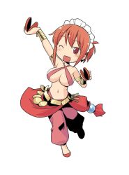 1girl ;d arm_up armlet artist_request bard_(sekaiju) bard_(sekaiju)_(cosplay) bard_2_(sekaiju) bare_shoulders bracelet breasts castanets check_artist cosplay criss-cross_halter dancer etrian_odyssey flats full_body futaba_channel gold gold_belt halterneck harem_pants hinemosu_notari holding instrument jewelry kudoi large_breasts leg_up maid_headdress navel nijiura_maids no_nose one_eye_closed open_mouth orange_hair pants pink_pants ponytail red_eyes red_footwear red_sash sash sekaiju_no_meikyuu sekaiju_no_meikyuu_1 short_hair short_ponytail simple_background smile solo standing standing_on_one_leg third-party_source waist_sash white_background