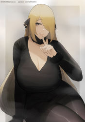 Rule 34 | 1girl, blonde hair, breasts, cleavage, creatures (company), curvy, cynthia (pokemon), female focus, game freak, hair over one eye, highres, huge breasts, long hair, looking at viewer, mmmmmkun, nintendo, plump, pokemon, pokemon dppt, sitting, smile, solo, thick thighs, thighs, wide hips