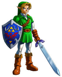 Rule 34 | 1boy, absurdres, boots, earrings, green shirt, hat, highres, link, male focus, master sword, nintendo, official art, pointy ears, shield, solo, sword, the legend of zelda, the legend of zelda: ocarina of time, weapon