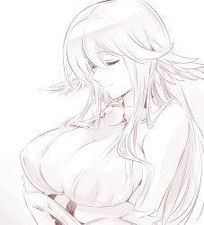 Rule 34 | 1girl, ancient greek clothes, beads, breast hold, breasts, buckler, cleavage, closed eyes, crossed arms, g-sky goddess (ishiyumi), head wings, highres, ishiyumi, large breasts, long hair, monochrome, original, peplos, prayer beads, sepia, shield, solo, wings