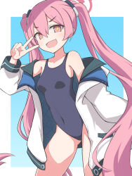Rule 34 | + +, 1girl, black one-piece swimsuit, blue archive, caraku, commentary, fang, halo, highres, jacket, koyuki (blue archive), long hair, one-piece swimsuit, open clothes, open jacket, open mouth, petite, pink hair, pink halo, simple background, skin fang, solo, swimsuit, twintails, v, white jacket