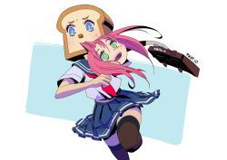 Rule 34 | bag, black thighhighs, blue background, blue eyes, blue skirt, closed mouth, commentary, disembodied head, english commentary, green eyes, mouth hold, neckerchief, open mouth, original, pikat, pink hair, pleated skirt, red neckerchief, role reversal, school bag, school uniform, serafuku, short sleeves, skirt, teeth, thighhighs, white background