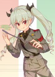 Rule 34 | 1girl, :q, absurdres, anchovy (girls und panzer), anzio military uniform, belt, black belt, black necktie, black ribbon, black shirt, character name, closed mouth, commentary, cowboy shot, dated, dress shirt, drill hair, dutch angle, english text, flag background, girls und panzer, green hair, grey jacket, grey pants, hair ribbon, happy birthday, highres, holding, italian flag, jacket, long hair, long sleeves, looking at viewer, military, military uniform, necktie, pants, pizza (pizzania company), red eyes, ribbon, riding crop, sam browne belt, shirt, smile, solo, tongue, tongue out, twin drills, twintails, uniform, wing collar