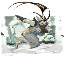 Rule 34 | 1girl, 2021, antenna hair, bandaged arm, bandaged foot, bandaged leg, bandages, bandana, bare hips, bare shoulders, breasts, brown eyes, brown hair, cherry blossoms, feet, fighting stance, high ponytail, ibuki (street fighter), kunai, large breasts, leaf, mask, mouth mask, nature, ninja, osanpogakari, running, solo focus, street fighter, weapon, white background