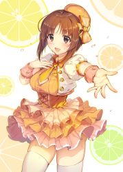 Rule 34 | 10s, 1girl, alternate costume, ascot, blouse, bow, commentary, corset, cowboy shot, food, foreshortening, fruit, girls und panzer, hair bow, hat, highres, icomochi, idol, jacket, layered skirt, lemon, looking at viewer, miniskirt, music, nishizumi miho, open mouth, pleated skirt, puffy short sleeves, puffy sleeves, reaching, shirt, short hair, short sleeves, singing, skindentation, skirt, smile, solo, standing, sweat, thighhighs, water drop, white jacket, white thighhighs, wrist cuffs, yellow ascot, yellow bow, yellow hat, yellow shirt, yellow skirt