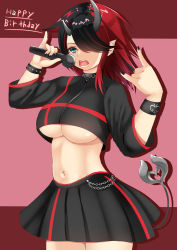 Rule 34 | 1girl, nanashi inc., alternate costume, black hair, black jacket, black nails, black skirt, blue eyes, breasts, chain, commentary request, cowboy shot, cropped jacket, demon girl, demon horns, demon tail, drop shadow, ear piercing, hair over one eye, happy birthday, highres, holding, holding microphone, horns, jacket, kasumasu (tales75), large breasts, long hair, looking at viewer, microphone, midriff, multicolored hair, \n/, nail polish, navel, navel piercing, open mouth, piercing, pointy ears, red background, red hair, ryugasaki rene, skirt, solo, sugar lyric, tail, two-tone background, two-tone hair, underboob, virtual youtuber, zipper