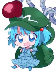 Rule 34 | &gt;:d, 1girl, 6 (yuchae), :d, backpack, bag, blue eyes, blue hair, chibi, hair bobbles, hair ornament, hat, kawashiro nitori, matching hair/eyes, mechanical arms, open mouth, single mechanical arm, smile, solo, touhou, two side up, v-shaped eyebrows