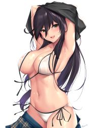 Rule 34 | 1girl, armpits, arms up, bare shoulders, bikini, black hair, blush, breasts, brown eyes, cleavage, clothes lift, clothes pull, collarbone, cowboy shot, front-tie bikini top, front-tie top, hair between eyes, highres, idolmaster, idolmaster shiny colors, large breasts, long hair, looking at viewer, plaid, plaid skirt, pleated skirt, ponytail, shirase sakuya, shirt lift, side-tie bikini bottom, sidelocks, simple background, skirt, skirt pull, smile, solo, sweat, swimsuit, tony guisado, undressing, untied bikini, very long hair, white background, white bikini, yellow eyes