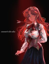 Rule 34 | 1girl, arm behind back, arrow (projectile), bleeding, blood, blood on clothes, bow, bowtie, expressionless, highres, injury, long hair, looking at viewer, osakana (denpa yun&#039;yun), parted lips, red bow, red bowtie, red eyes, red hair, sayonara wo oshiete, school uniform, shirt, sketch, skirt, solo, ueno koyori, underbust, vest, white shirt