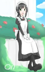 Rule 34 | 1girl, :d, alternate costume, apron, black hair, black pantyhose, blue sky, blush, cloud, cloudy sky, day, enmaided, fubuki (kancolle), gloves, green eyes, juliet sleeves, kantai collection, long sleeves, looking at viewer, ma rukan, maid, maid headdress, open mouth, pantyhose, puffy sleeves, short ponytail, sitting, sky, smile, solo, v arms, white gloves
