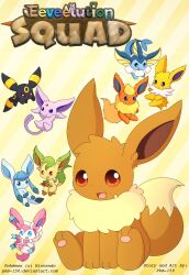 Rule 34 | artist name, closed mouth, comic cover, commentary, copyright name, creatures (company), deviantart username, eevee, english commentary, espeon, ev-zero, evolutionary line, flareon, game freak, gen 1 pokemon, gen 2 pokemon, gen 4 pokemon, gen 6 pokemon, glaceon, happy, highres, jolteon, leafeon, nintendo, no humans, open mouth, pokemon, pokemon (creature), smile, sylveon, umbreon, vaporeon, watermark, web address