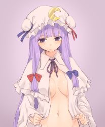 Rule 34 | 1girl, blue ribbon, breasts, capelet, commentary, crescent, crescent hair ornament, dress, groin, hair ornament, hat, hat ribbon, long hair, long sleeves, looking at viewer, medium breasts, miyo (ranthath), mob cap, navel, neck ribbon, no bra, open clothes, open dress, out-of-frame censoring, patchouli knowledge, purple background, purple capelet, purple dress, purple eyes, purple hair, purple hat, purple ribbon, red ribbon, ribbon, sidelocks, simple background, solo, stomach, touhou, upper body, very long hair