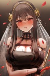 Rule 34 | 1girl, absurdres, bare shoulders, blood, blood on face, blush, breasts, brown hair, dress, hair ornament, highres, holding, holding weapon, jewelry, knife, large breasts, long hair, looking at viewer, red eyes, ring, solo, spy x family, veil, weapon, wedding band, yor briar, yuki (asayuki101)
