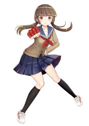 Rule 34 | 1girl, bad id, bad pixiv id, black socks, blue sailor collar, blue skirt, blunt bangs, blush, brown cardigan, brown eyes, brown hair, cardigan, closed mouth, collarbone, commentary request, fingerless gloves, full body, gloves, hair tie, hand on own hip, kneehighs, kurata rine, long hair, low twintails, neckerchief, original, pleated skirt, red gloves, red neckerchief, sailor collar, school uniform, serafuku, shoes, simple background, single glove, skirt, smile, sneakers, socks, solo, twintails, white background, white footwear