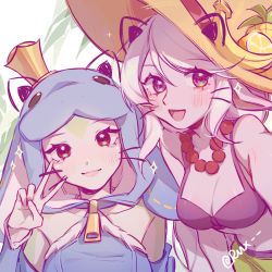 Rule 34 | 2girls, :d, absurdres, animal ears, animal hood, banana, bead necklace, beads, blush, breasts, cat ears, citron, cleavage, closed mouth, cowboy shot, crown, fake animal ears, fake whiskers, food, fruit, hand up, hat, highres, hood, hood up, jewelry, league of legends, lemon, manatee, medium breasts, multiple girls, nami (league of legends), necklace, open mouth, order of the banana soraka, outstretched arm, pineapple, pink eyes, pointy ears, ruan chen yue, smile, soraka (league of legends), stomach, sun hat, urf the nami-tee, v