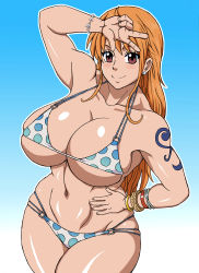 Rule 34 | 1girl, areola slip, armpits, arms behind head, arms up, ass, bare arms, bare shoulders, blush, breasts, brown eyes, cleavage, curvy, earrings, highres, hip focus, huge ass, huge breasts, jewelry, large breasts, long hair, looking at viewer, looking to the side, nami (one piece), narrow waist, naruho, navel, one eye closed, one piece, open mouth, orange hair, simple background, smile, solo, standing, stomach, sweat, tattoo, teeth, tongue, wide hips, wink