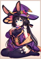 Rule 34 | 1girl, animal ears, ao no neko, blue eyes, blush, bodystocking, boots, border, bow, breasts, brown border, candy, chestnut mouth, covered erect nipples, food, gem, gradient background, hair bow, halloween, halloween costume, hat, hat ornament, highres, jacket, lollipop, long hair, looking at viewer, low twintails, open mouth, orange bow, original, purple hat, purple jacket, rabbit ears, sitting, small breasts, solo, striped, striped bow, swirl lollipop, thigh boots, twintails, wariza, white background, witch hat