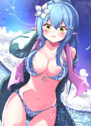 Rule 34 | 1girl, bikini, bird, blue hair, blue sky, blush, breasts, cleavage, flower, fumi (fumibeing), hair flower, hair ornament, highres, hololive, jacket, large breasts, long hair, navel, ocean, open clothes, open jacket, open mouth, pointy ears, seagull, sky, solo, sunlight, swimsuit, very long hair, virtual youtuber, yellow eyes, yukihana lamy