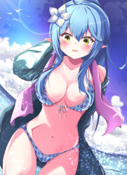 1girl bikini bird blue_hair blue_sky blush breasts cleavage flower fumi_(fumibeing) hair_flower hair_ornament highres hololive jacket large_breasts long_hair navel ocean open_clothes open_jacket open_mouth pointy_ears seagull sky solo sunlight swimsuit very_long_hair virtual_youtuber yellow_eyes yukihana_lamy