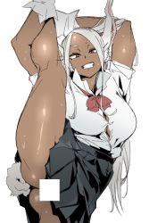 Rule 34 | 1girl, animal ears, black skirt, boku no hero academia, bow, bowtie, breasts, censored, clenched teeth, dark-skinned female, dark skin, ettone, highres, kneepits, large breasts, leg up, long hair, looking at viewer, mirko, rabbit ears, rabbit girl, rabbit tail, red bow, red bowtie, shirt, simple background, skirt, solo, split, standing, standing on one leg, standing split, sweat, tail, teeth, thighs, white background, white hair, white shirt