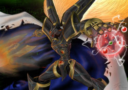 Rule 34 | 1boy, alphamon, alphamon ouryuken, armor, artist request, axe, cape, digimon, full armor, highres, holding, holding sword, holding weapon, incoming attack, looking to the side, no humans, red eyes, simple background, sword, weapon, wings