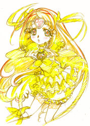 Rule 34 | 10s, 1girl, boots, bow, brooch, bubble skirt, capelet, choker, color trace, colored pencil (medium), cure muse, cure muse (yellow), dress, earrings, eyelashes, frilled dress, frilled skirt, frilled sleeves, frills, hair bow, hair ornament, heart, jewelry, knee boots, long hair, looking at viewer, magical girl, nishida asako, precure, ribbon, shirabe ako, simple background, skirt, solo, suite precure, traditional media, very long hair, white background, yellow dress, yellow ribbon, yellow skirt, yellow theme