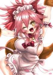 Rule 34 | 1girl, absurdres, animal ear fluff, animal ears, animal hands, apron, artist request, ass, bell, blush stickers, breasts, cat hair ornament, cat paws, cleavage, collar, fangs, fate/grand order, fate (series), fox ears, fox girl, fox tail, frilled apron, frills, gloves, hair ornament, highres, jingle bell, large breasts, long hair, looking at viewer, naked apron, neck bell, one eye closed, open mouth, paw gloves, pink hair, ponytail, sideboob, simple background, solo, tail, tamamo (fate), tamamo cat (fate), tamamo cat (third ascension) (fate), white apron, white background, yellow eyes