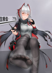 Rule 34 | 1girl, absurdres, arknights, black pantyhose, blouse, blush, demon girl, feet, fingerless gloves, foot focus, foreshortening, gloves, grey shirt, highres, looking at viewer, medium hair, orange eyes, pantyhose, parted lips, pov, shirt, silver hair, sitting, smile, soles, solo, steam, toes, w (arknights)