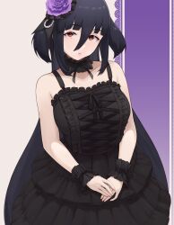 Rule 34 | 1girl, absurdres, black dress, black hair, breasts, closed mouth, detached collar, dress, expressionless, flower, frilled dress, frilled wristband, frills, fukayama (0ppaityuki), hair between eyes, hair ornament, highres, long hair, looking at viewer, medium breasts, red eyes, solo, wristband, yamada tae, zombie land saga