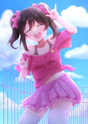 Rule 34 | 1girl, absurdres, artist name, artist request, bare shoulders, black hair, blue sky, blush, bow, breasts, closed eyes, cloud, collarbone, day, double m/, female focus, flat chest, hair between eyes, hair bow, highres, long hair, looking at viewer, love live!, love live! school idol festival, love live! school idol project, miniskirt, nico nico nii, outdoors, parted lips, pink skirt, plaid, plaid skirt, pleated, pleated skirt, red shirt, shirt, short hair, short sleeves, short twintails, skirt, sky, small breasts, smile, solo, sunlight, tied shirt, twintails, two-tone skirt, undershirt, white legwear, yazawa nico