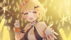 Rule 34 | 1girl, :d, armlet, bat hair ornament, blonde hair, blush, bow, bowtie, fang, gloves, glowstick, hair bow, hair ornament, hairclip, halterneck, headset, hololive, hololive idol uniform, idol, looking at viewer, official alternate costume, open mouth, orange bow, orange bowtie, petoro (903pt), reaching, reaching towards viewer, short hair, sleeveless, smile, solo, upper body, virtual youtuber, white bow, white bowtie, white gloves, wrist cuffs, yellow eyes, yozora mel