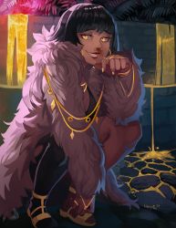 Rule 34 | 1girl, aisha nejem, black hair, black thighhighs, blood, breasts, chain, coat, commission, dark-skinned female, dark skin, earrings, eyeliner, fang, final fantasy, final fantasy xiv, full body, fur coat, gold chain, gold nails, grin, highres, hoop earrings, jewelry, liberty mae, lipstick, looking at viewer, makeup, multiple rings, nail polish, nosebleed, red lips, ring, short hair, single thighhigh, smile, solo, squatting, thighhighs, warrior of light (ff14), yellow eyes