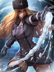 Rule 34 | &gt;:), 1girl, black gloves, black thighhighs, blonde hair, blue eyes, breasts, closed mouth, coat, cowboy shot, fur hat, fur trim, gloves, hat, highres, kolin, large breasts, long hair, looking at viewer, smile, snow, solo, speh, street fighter, street fighter v, thighhighs, ushanka, v-shaped eyebrows, wavy hair, winter clothes, winter coat, zettai ryouiki