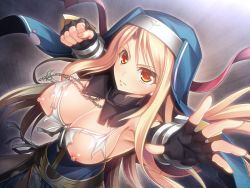 Rule 34 | 1girl, blonde hair, breasts, collar, crusade heart karen: juin sennou no wana, fingerless gloves, game cg, gloves, karen suchuato, large breasts, long hair, looking at viewer, nipples, red eyes, simple background, solo, standing, torn clothes